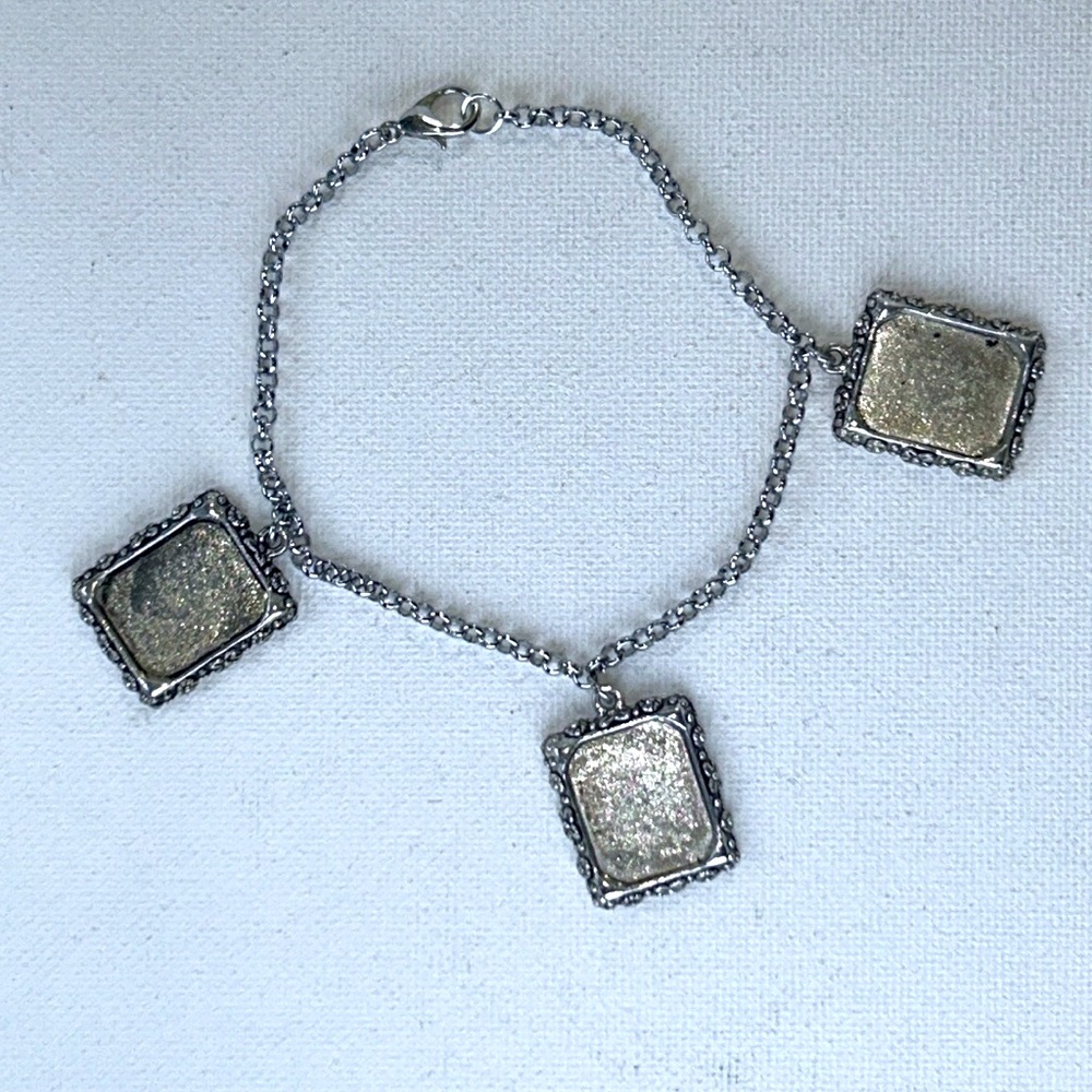 3 Vintage Floral Photo Picture Frame Charms On Steel Bracelet Commemorative Boho